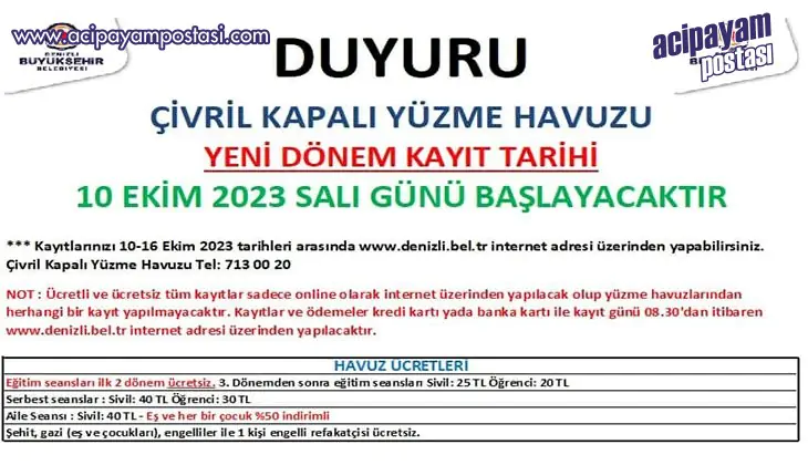 Çivril Kapalı Yüzme Havuzu Yeni Dönem
                    Kayıtları Başlıyor